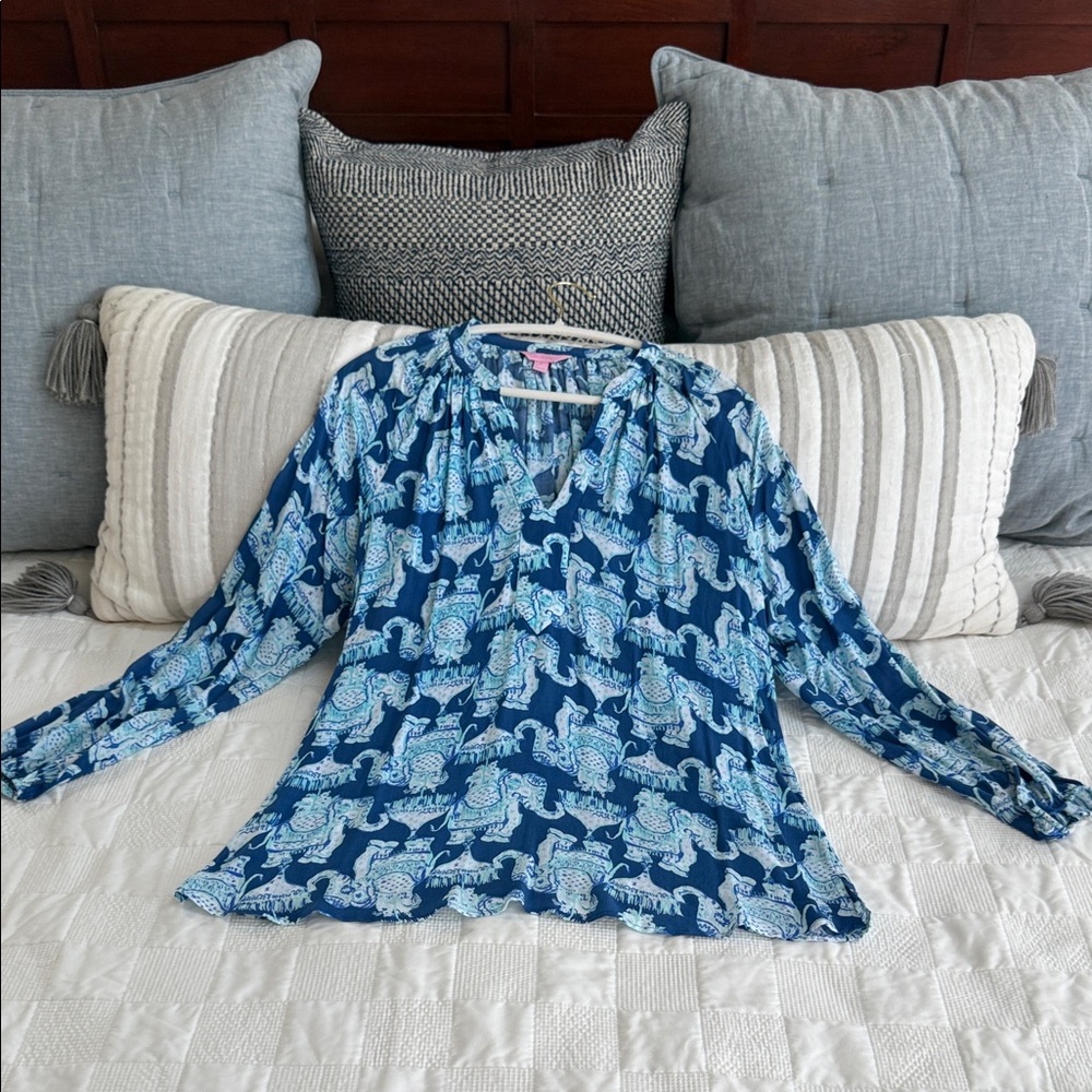 Lilly Pulitzer Martinique Blue and White Graphic Long Sleeve Blouse